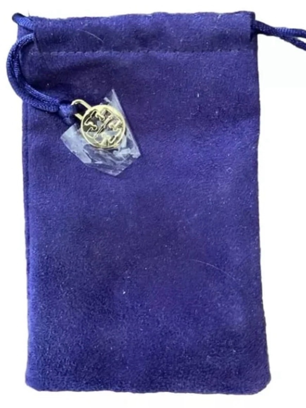 NEW Tory Burch Blue Suede Drawstring Jewelry Pouch w/Gold Logo Charm